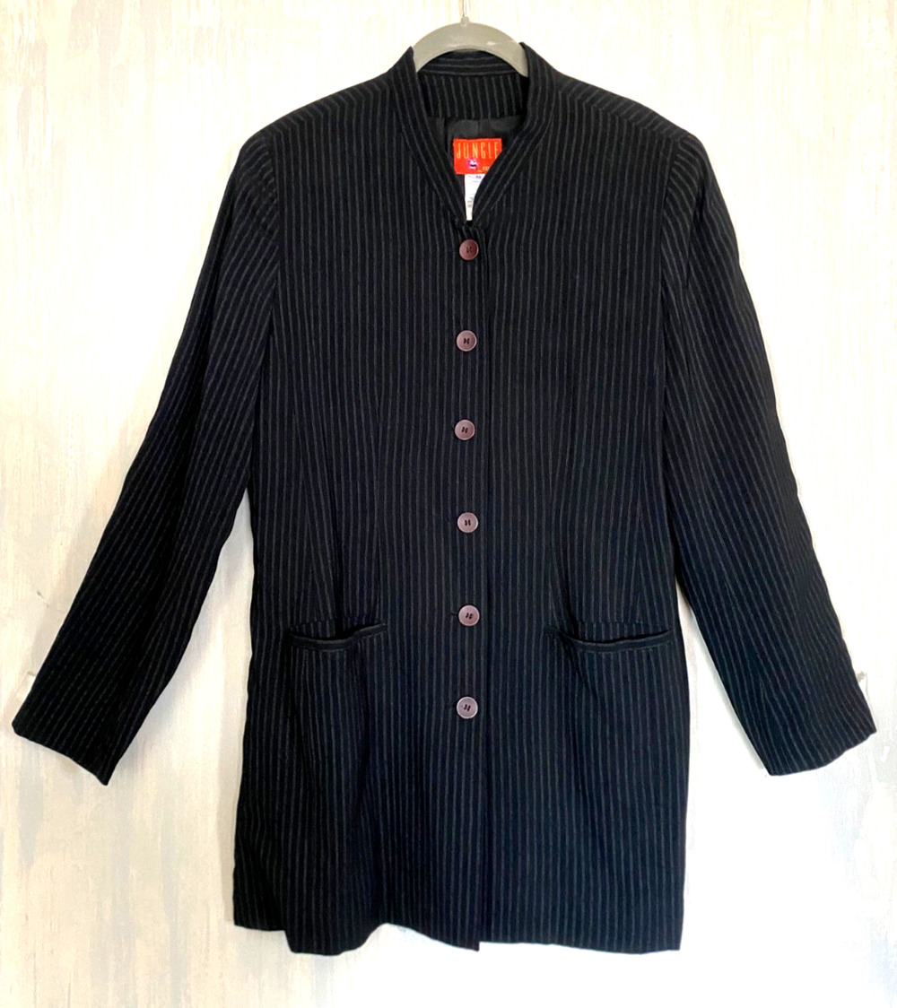KENZO Jungle Vintage Woman's Long Blazer Jacket Black Wool Blend Striped Size 42
